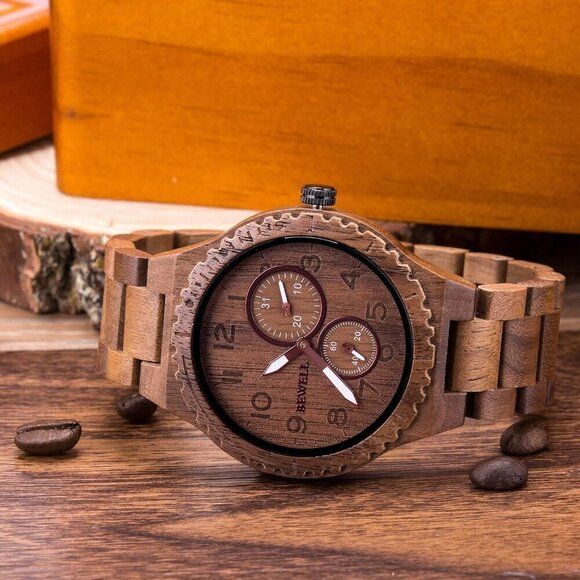 ✨ Bewell Analog Quartz Men Brown Retro Handcraft Lightweight Wooden Wristwatch - Picture 3 of 6